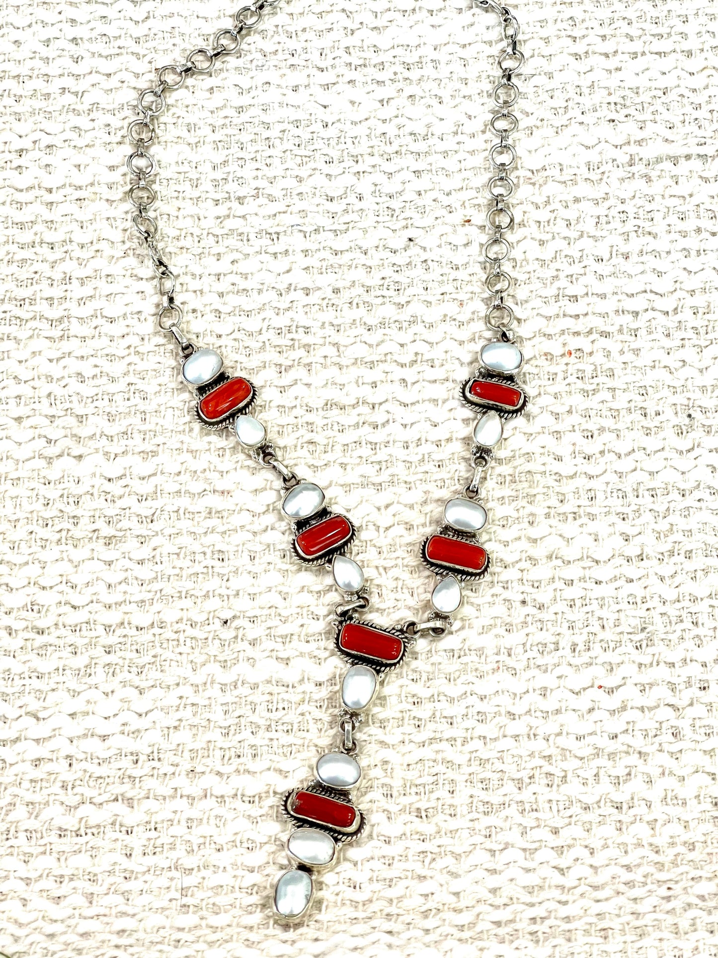 ** 4TH OF JULY ** Handmade Sterling , Silver Synthetic Opal & Coral Necklace with Signed Nizhoni