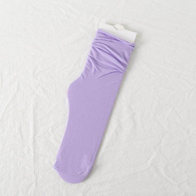 1/2 Pairs Girls Thin Socks Pack Harajuku Cute Long Frilly Socks Casual Soft Nylon High Elastic Solid White Purple Solid Color Stylish Casual Socks For Men And Women