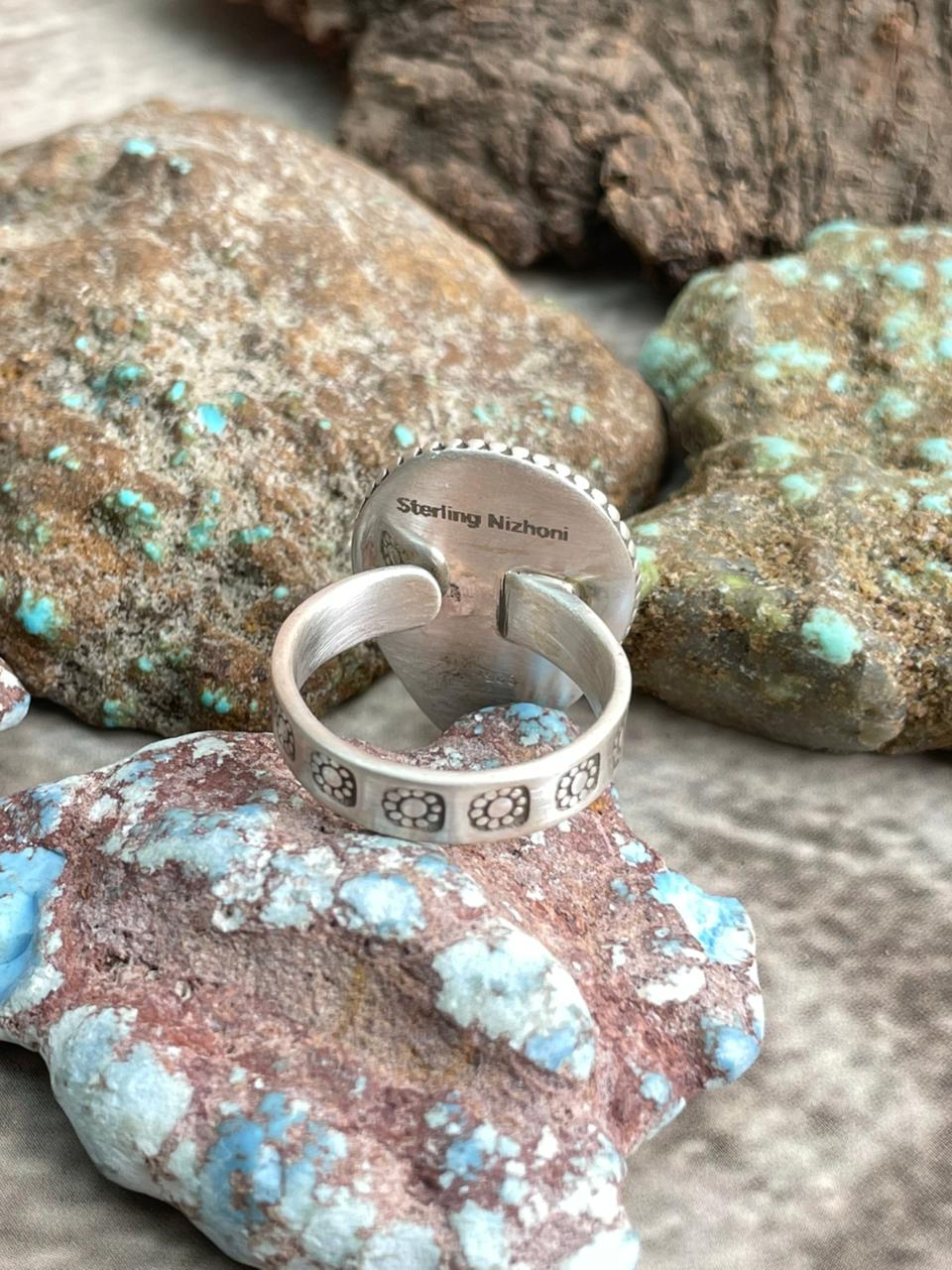 Handmade Sterling Silver Royston Ribbon Turquoise Adjustable Ring with Signed Nizhoni