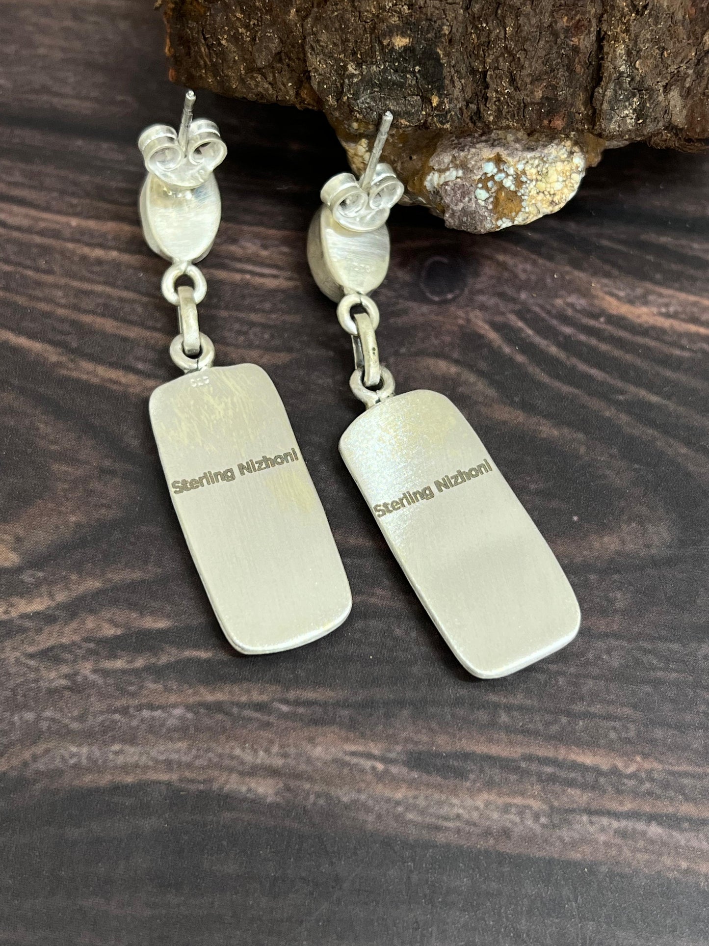 Handmade Sterling Silver Golden Hills Turquoise Post Dangle Earrings with Signed Nizhoni