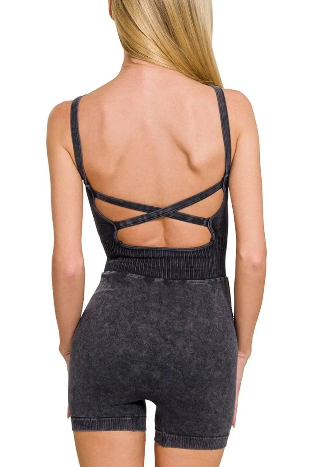 Zenana Washed Sports Romper With Removable Bra Pad