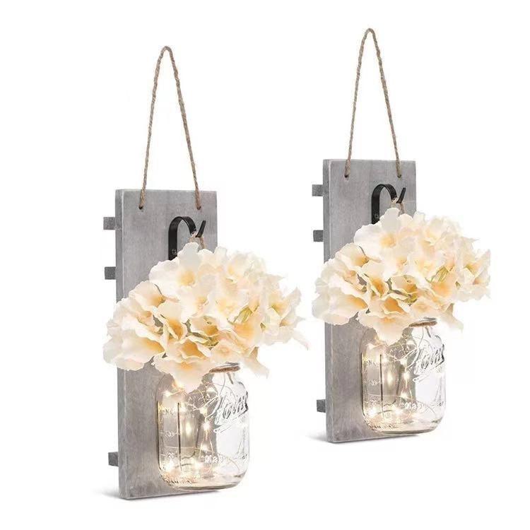 2 Pack Rustic Jar Fairy Strip Lights Wall Decor Hydrangea Sconces Decorative Home Chic Hanging LED FlowersHanging Design with Remote Control LED Fairy Lights and White Peony, Farmhouse Kitchen Decorations Wall Home Decor Living Room Lights Set of Two