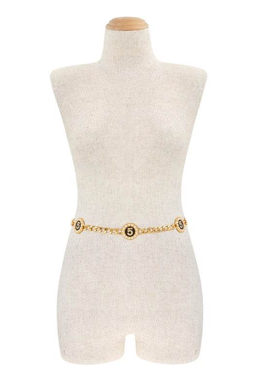 Metal Circle Five Pearl Charm Chain Belt