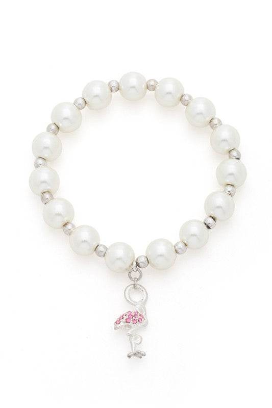 Flamingo Charm Pearl Stretch Bracelet