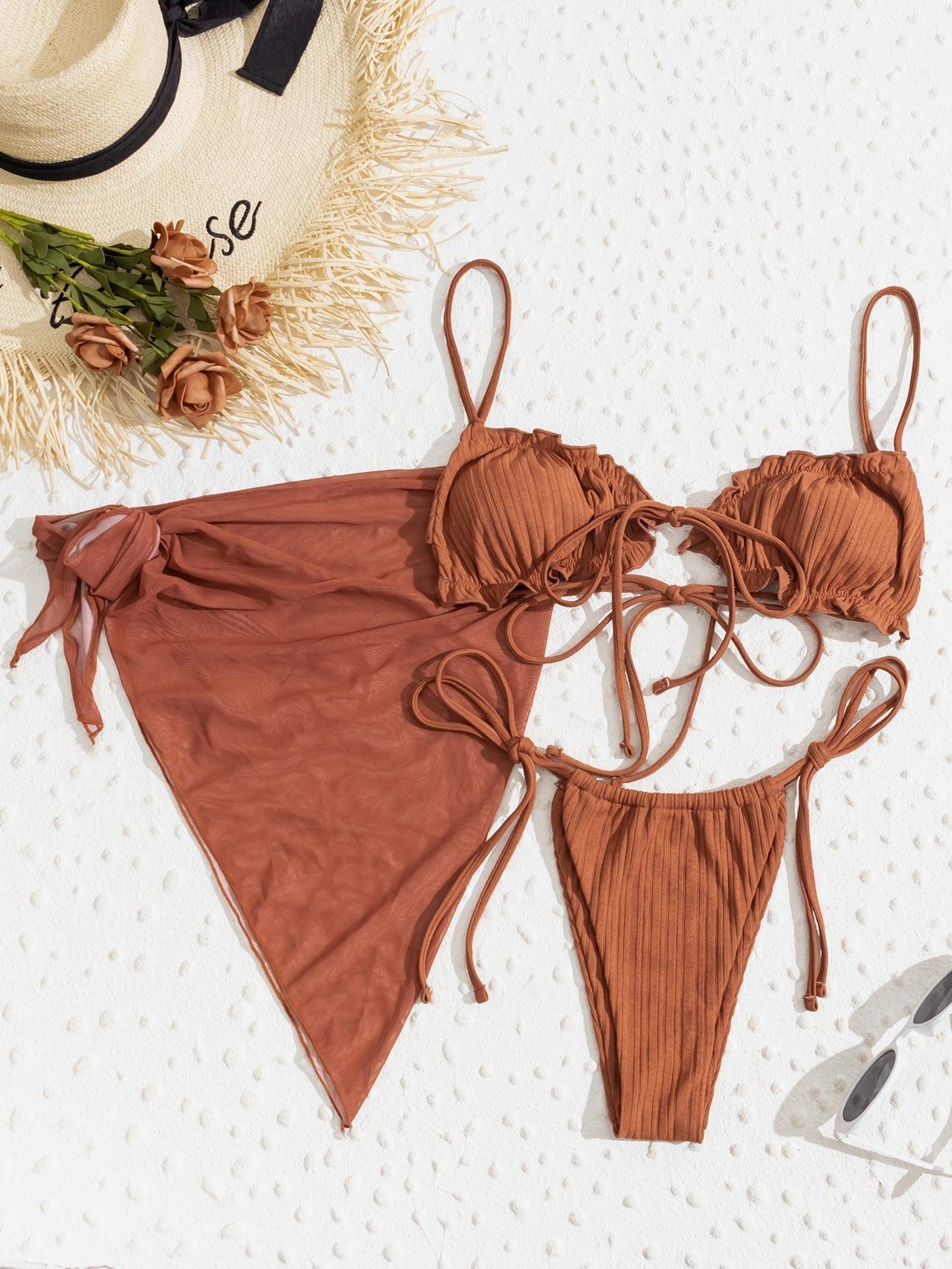 3PCS Ladies Split Swimwear Sets Women Swimsuit Women's Bikini Swimsuits Bikini Set With Wrap Skirt Underwire Swimwear Bathing Suit Chiffon Cover Up Bikini Ruffles Lace-up Mesh Cover Ups Bikinis Set