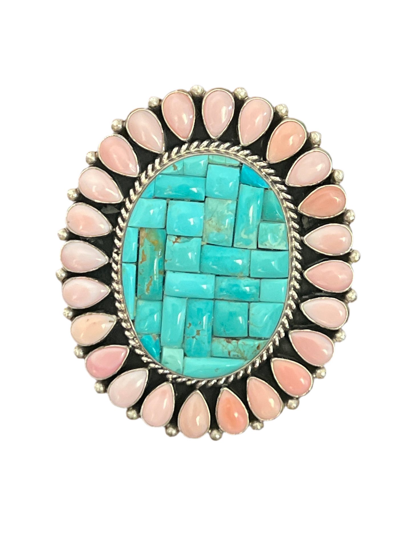 Handcrafted Cobblestone Kingman Turquoise and Pink Conch Cluster Ring by Aaron Tallis, Adjustable
