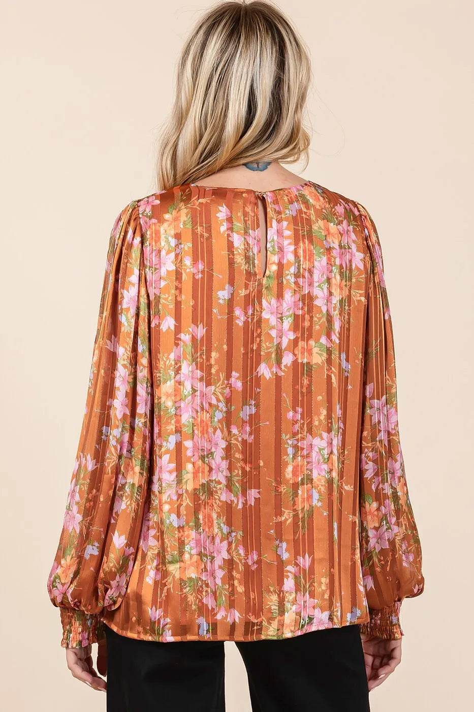 Mittoshop Satin Gold Lurex Striped Long Sleeve Chiffon Top