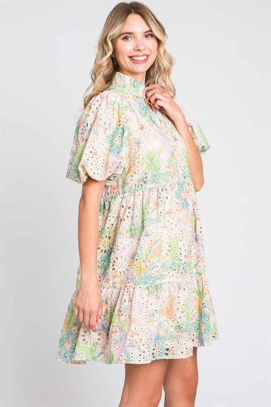 Floral Eyelet Lace Puff Sleeve Mini Summer Dress – Fluttering, Feminine and Playful Floral Eyelet Lace Mini Dress with Puff Sleeves