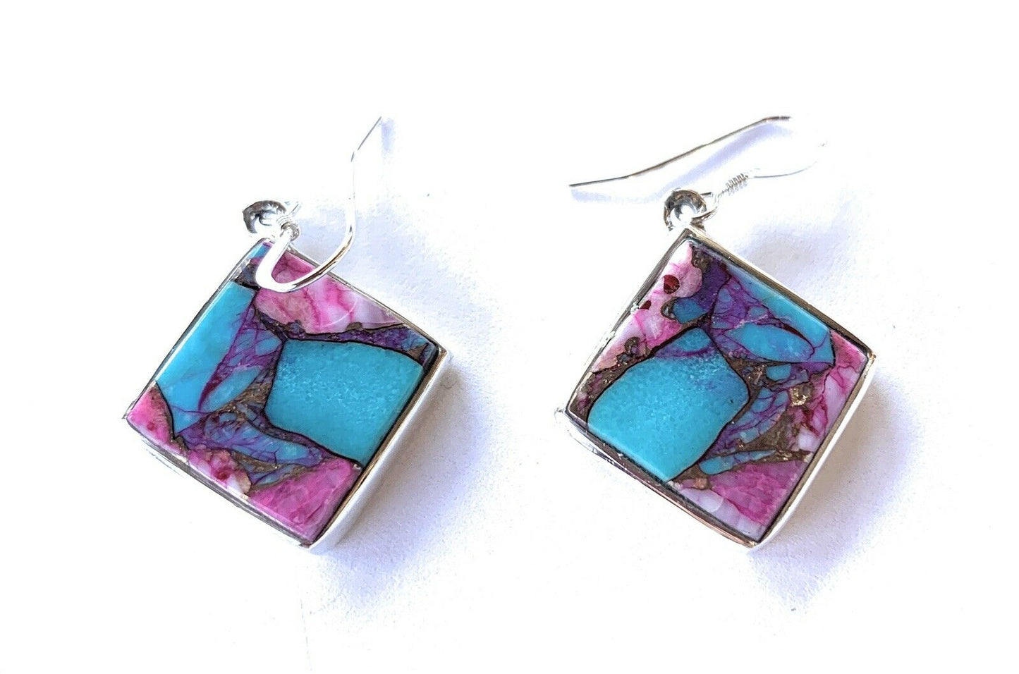 Handcrafted Pink Dream Mohave & Sterling Square Delight Dangle Earrings