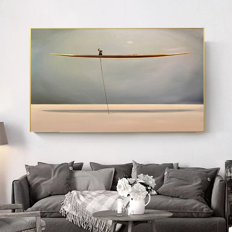 Abstract Golden Sea Boat Canvas Painting