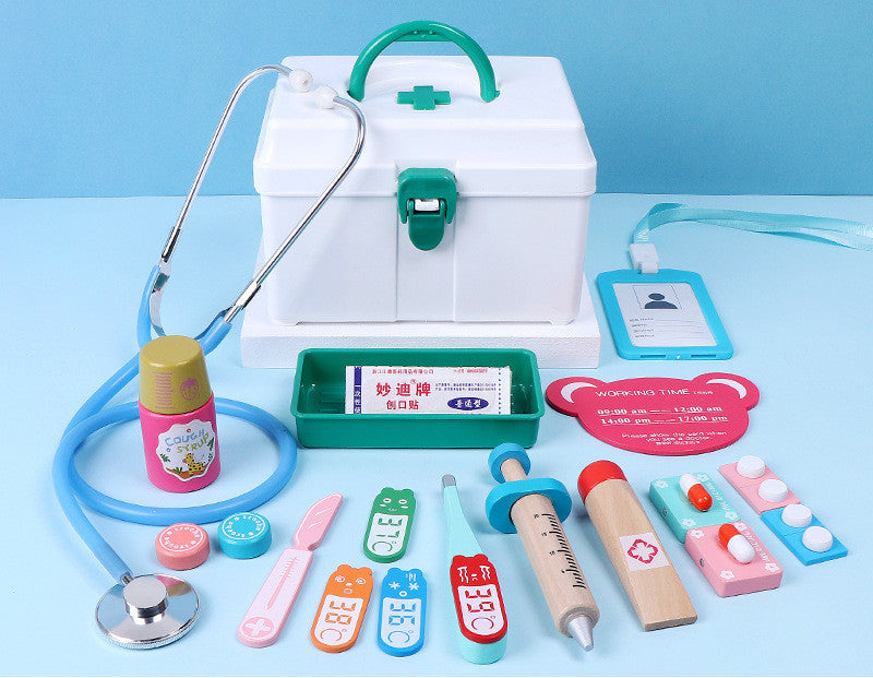 Wooden Children's Simulation Play House Doctor Toy Suit Girl Injection Teeth Medicine Kit Tool Box Stall