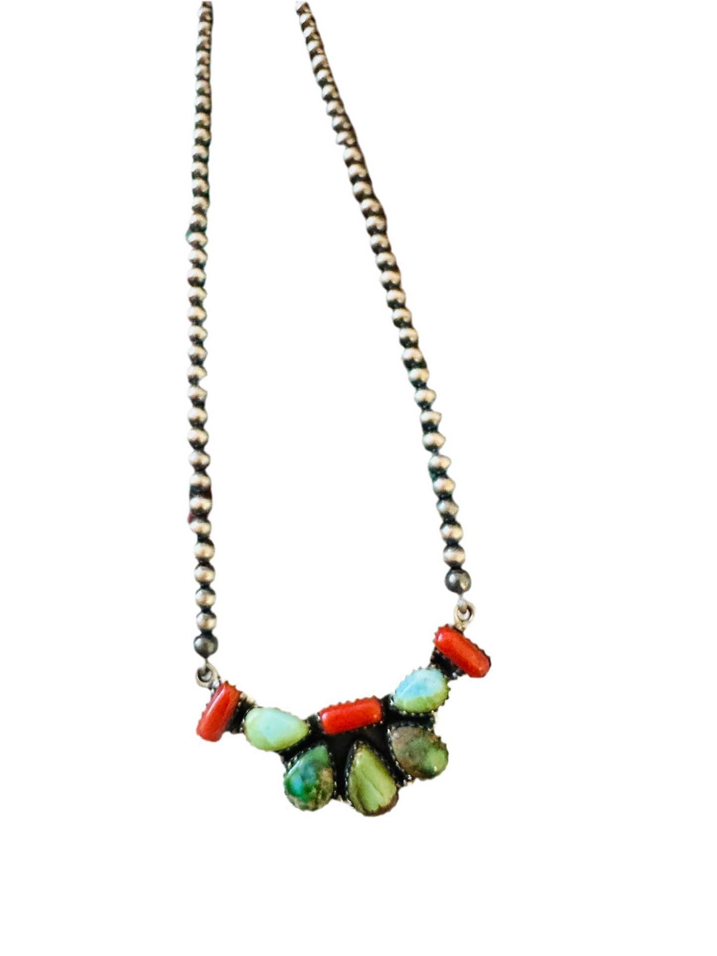 ** Christmas Collection ** Handmade Sterling Silver, Turquoise & Coral Necklace Signed Nizhoni