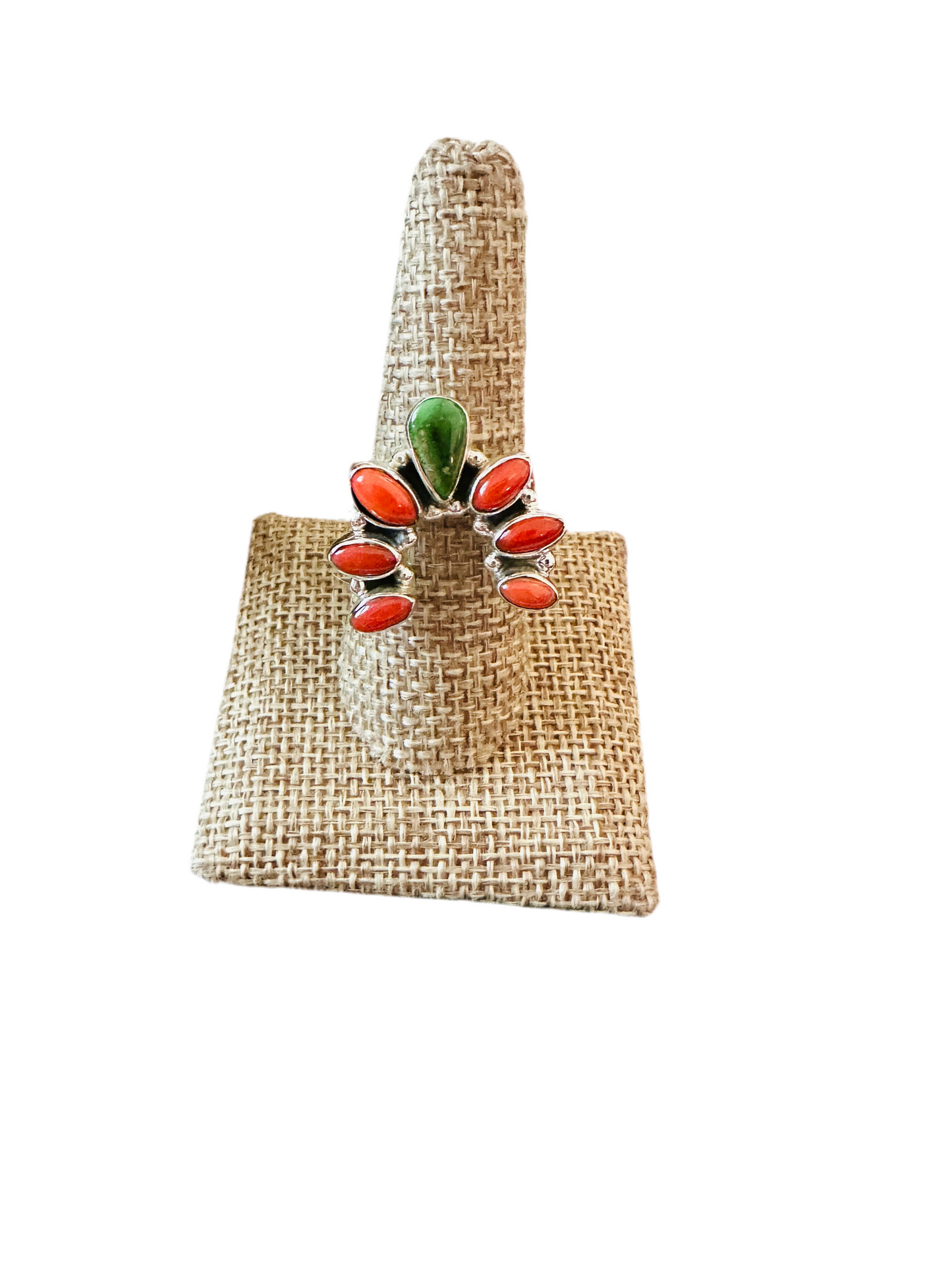 ** Christmas Collection ** Handmade Sterling Silver, Turquoise & Coral Adjustable Ring Signed Nizhoni