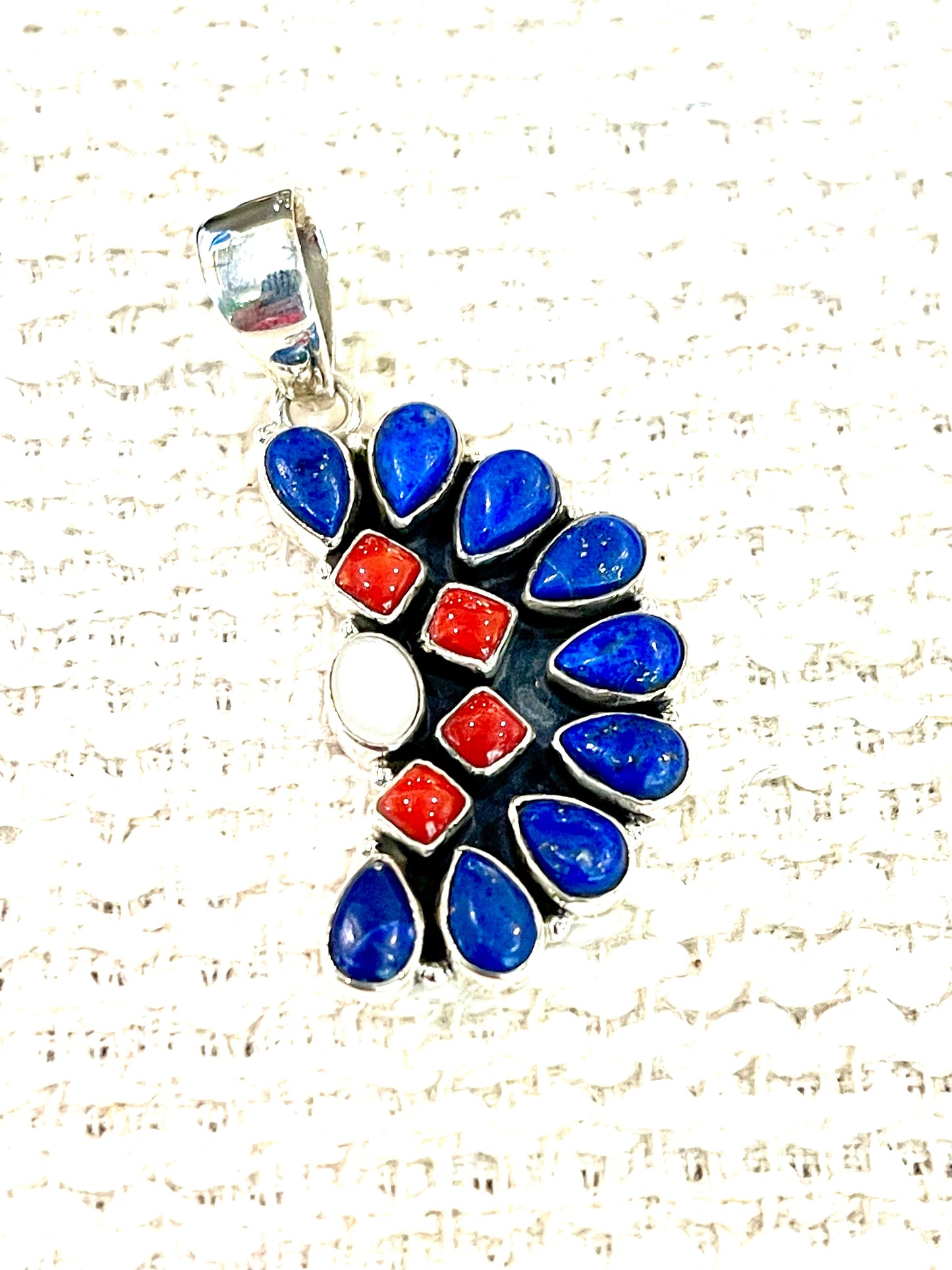 ** 4TH OF JULY ** Handmade Sterling Silver, Lapis & Coral Cluster Pendant with Signed Nizhoni