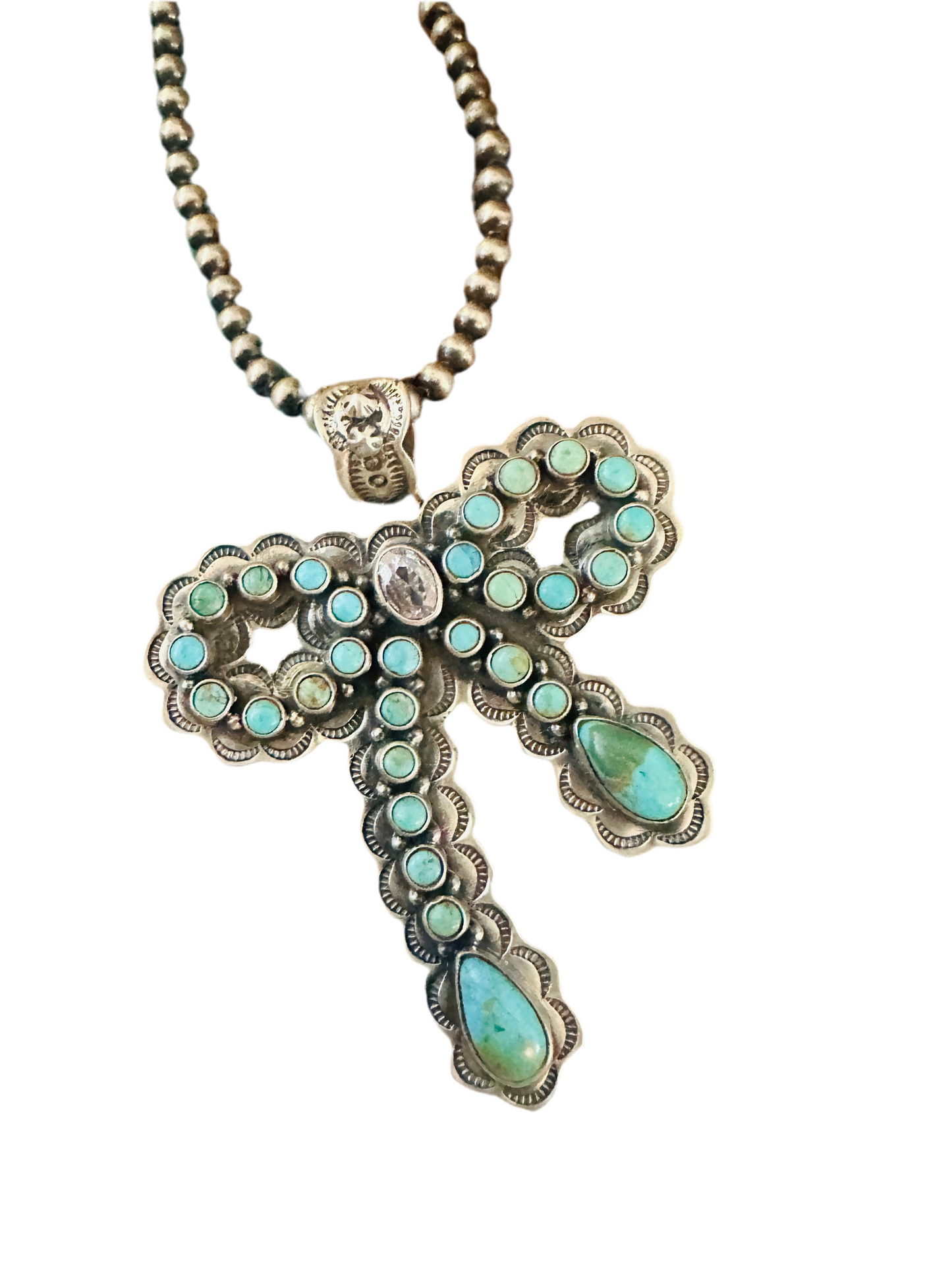 ** Christmas Collection ** Handmade Sterling Silver, Turquoise & CZ Bow Pendant Signed Nizhoni