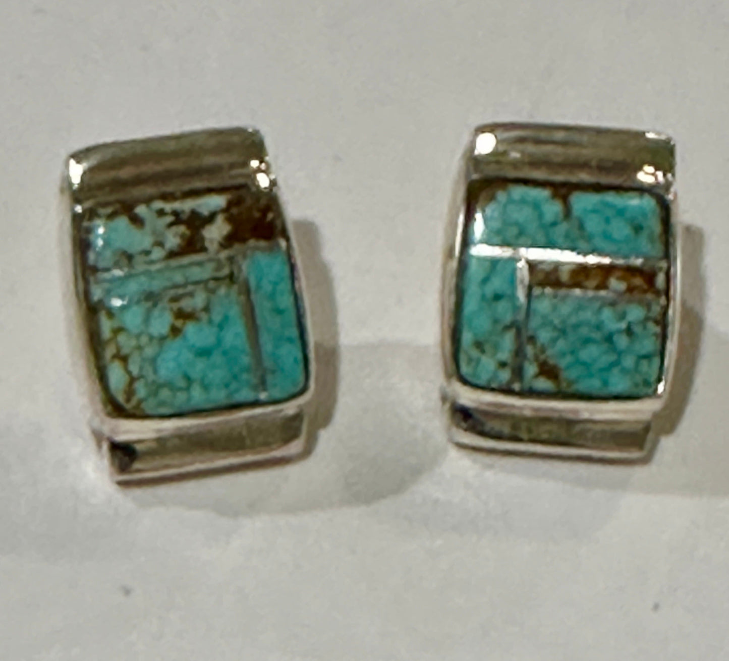 Handcrafted Turquoise 8 more matrix & Sterling Silver Rectangle Inlay Stud Earrings