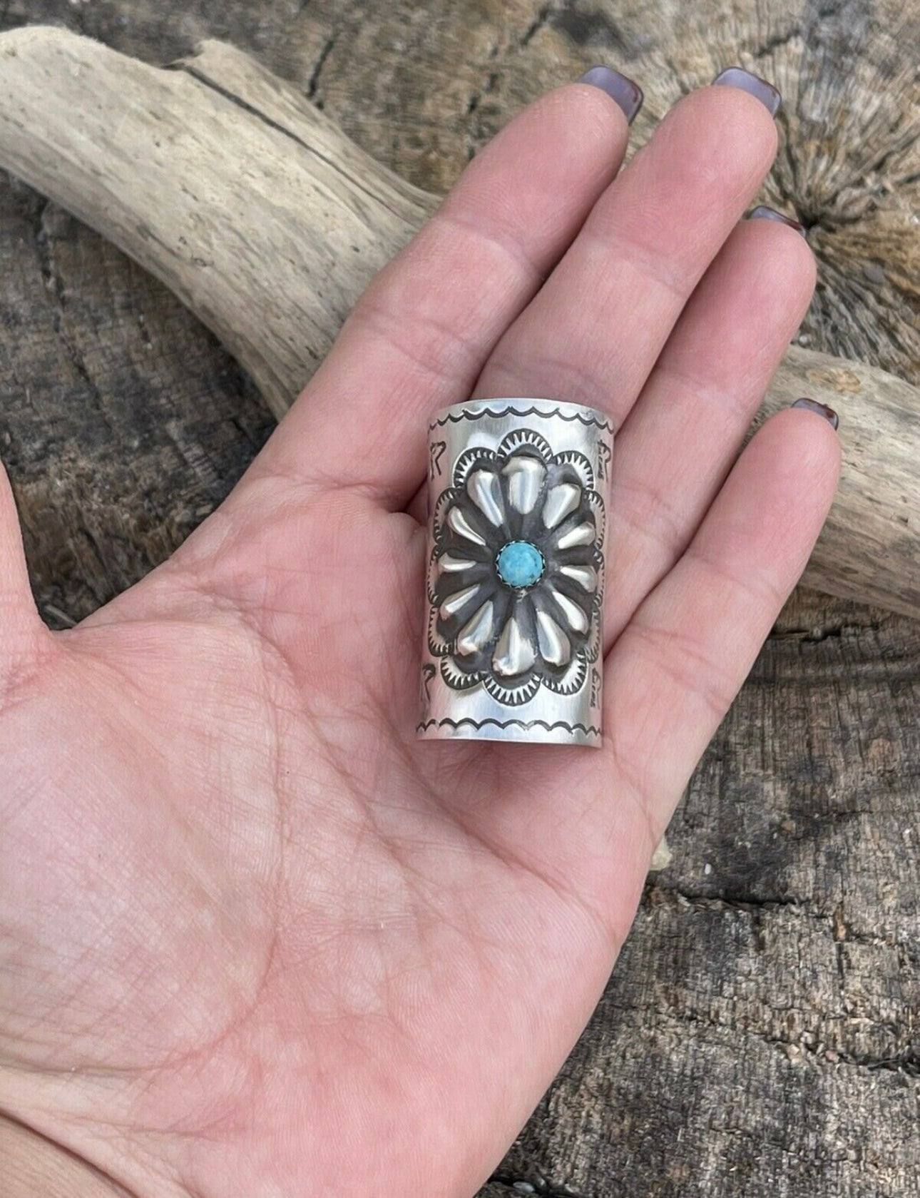 Handcrafted Sterling and Turquoise Southwest Hand Stamped Hair Ponytail / Braid Accessory 2 inch