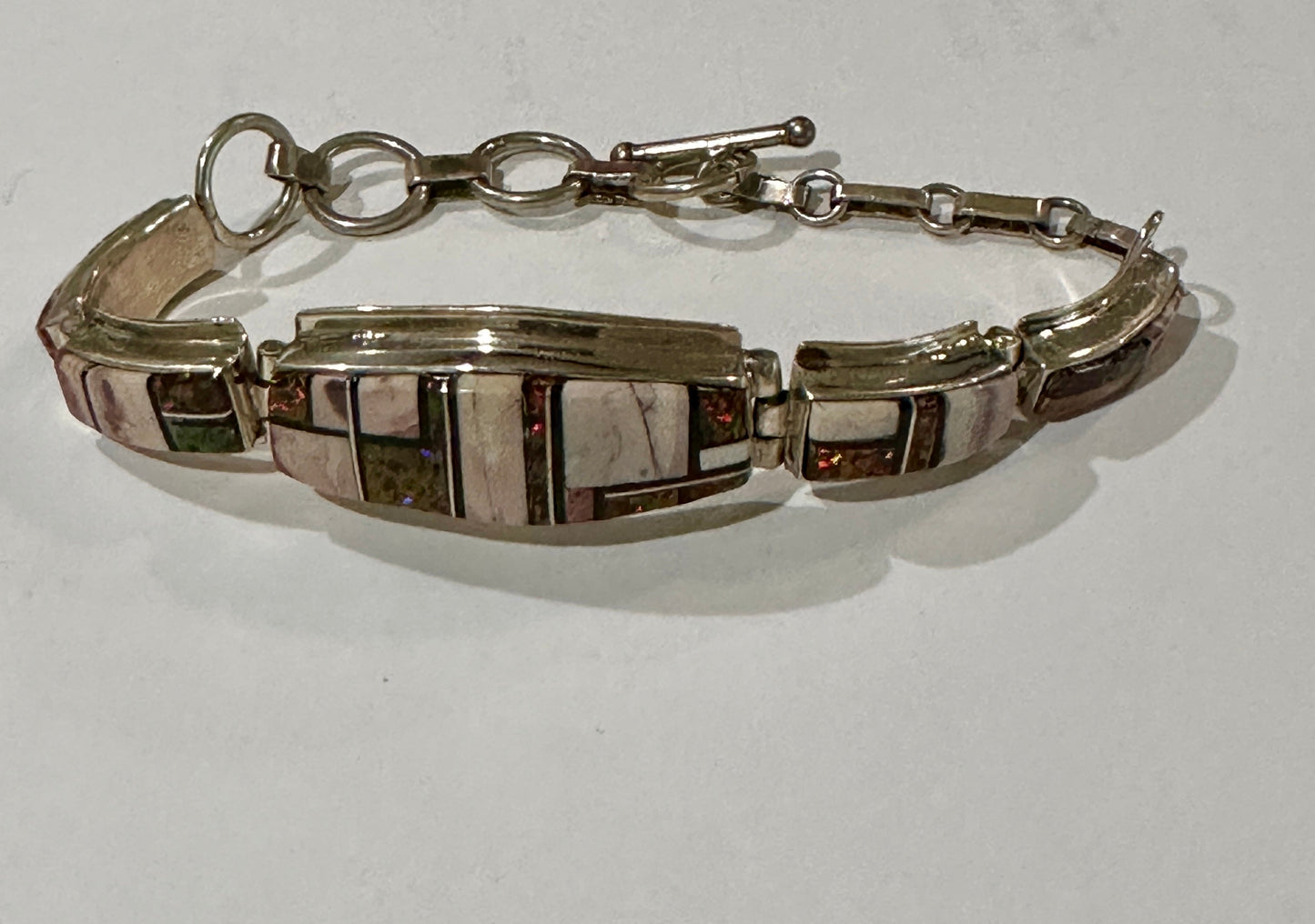 Handcrafted Onyx, Purple Spiny, Coral & Sterling Silver Inlay Bracelet