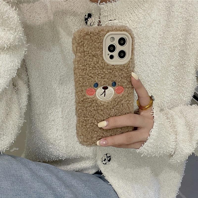 Cute Furry Fluffy Brown Bear Phone Case For iPhone 11 12 13 Pro Max 6 7 8 Plus X XS Max XR SE 2020 Winter Plush Warm Soft Cover Autumn and Winter Shockproof Full Case Cover