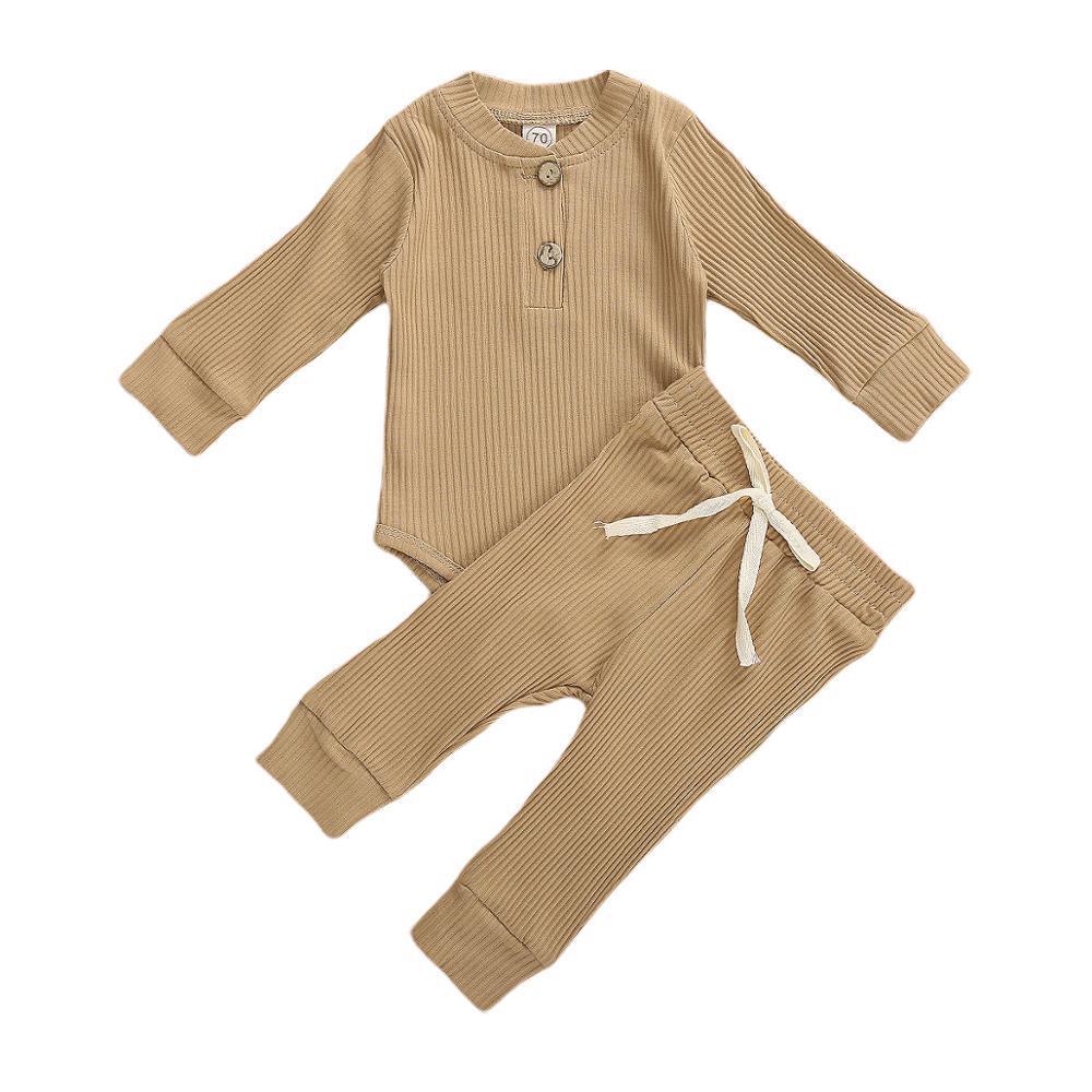 Infant Newborn Baby Spring Autumn Ribbed Solid Clothes Sets Long Sleeve Bodysuits , Elastic Pants 2PCs