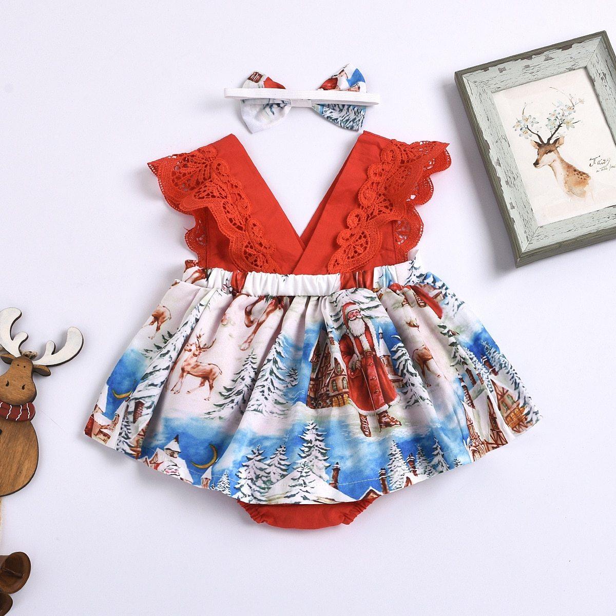 2pcs 0-24M Christmas Newborn Baby Girls Romper Dress+ Headband Santa Print Jumpsuits Outfit Unique Design