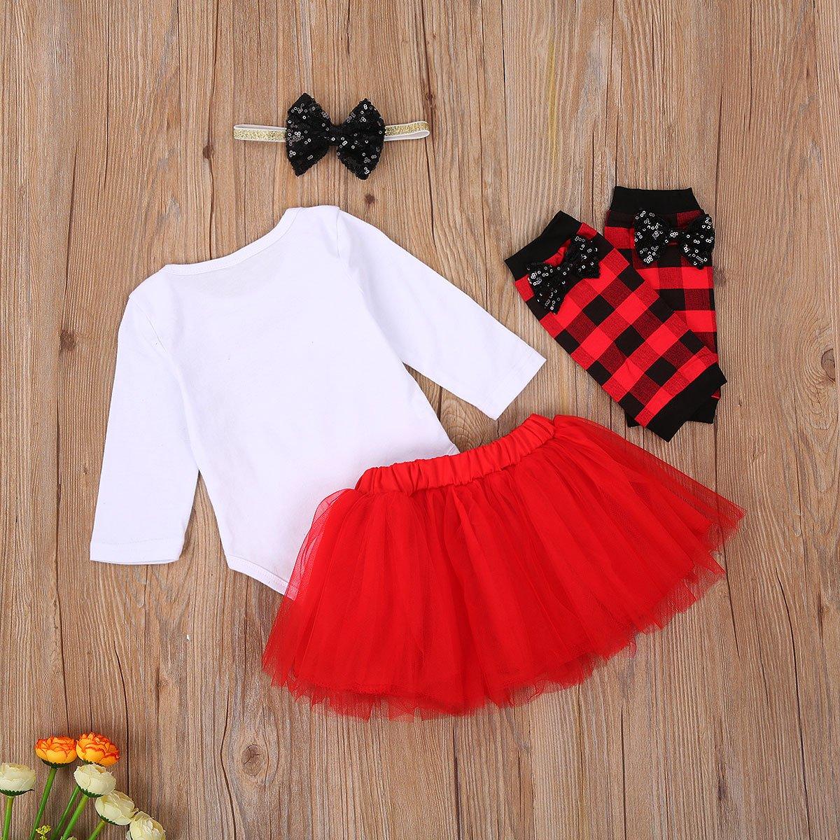 4Pcs Baby Girls Christmas Dress Set Children Long Sleeve Top Short Skirt Hair Band And Leg Cover