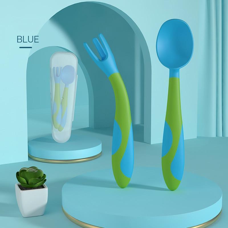 New Baby Training Twist Spoon And Fork Silicone Feeding Infant Food Grades Soft Head Children's Cutlery With Storage For Boys And Girls