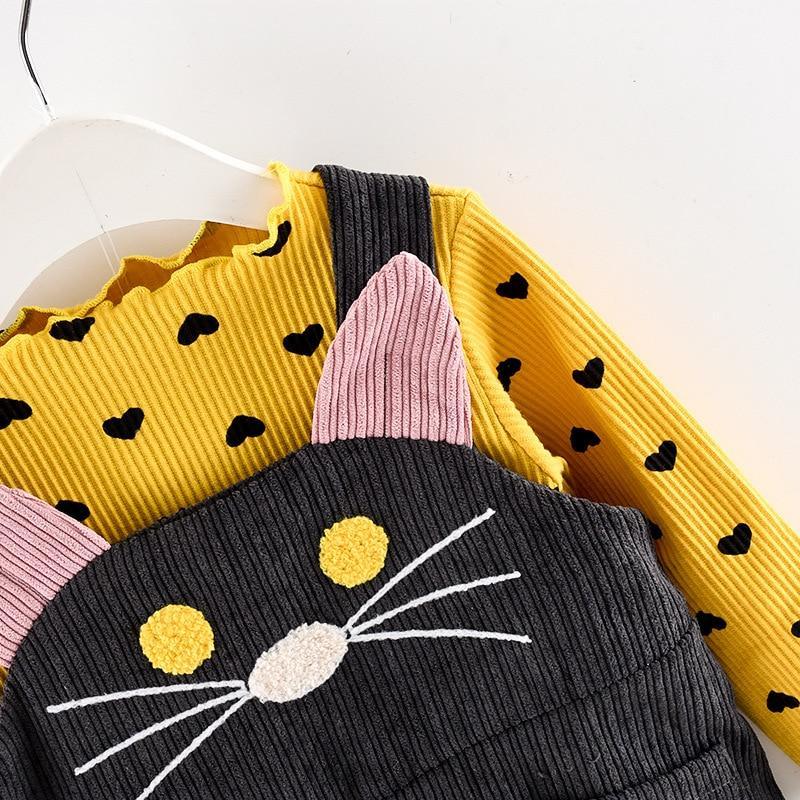 Modern Girls Clothes Sets Cotton Long Sleeves Dot T-shirt and Cat Strap Dress 2Pcs Baby Clothing Dress For Girls and Babies from 6-24months and Girls 3-4years