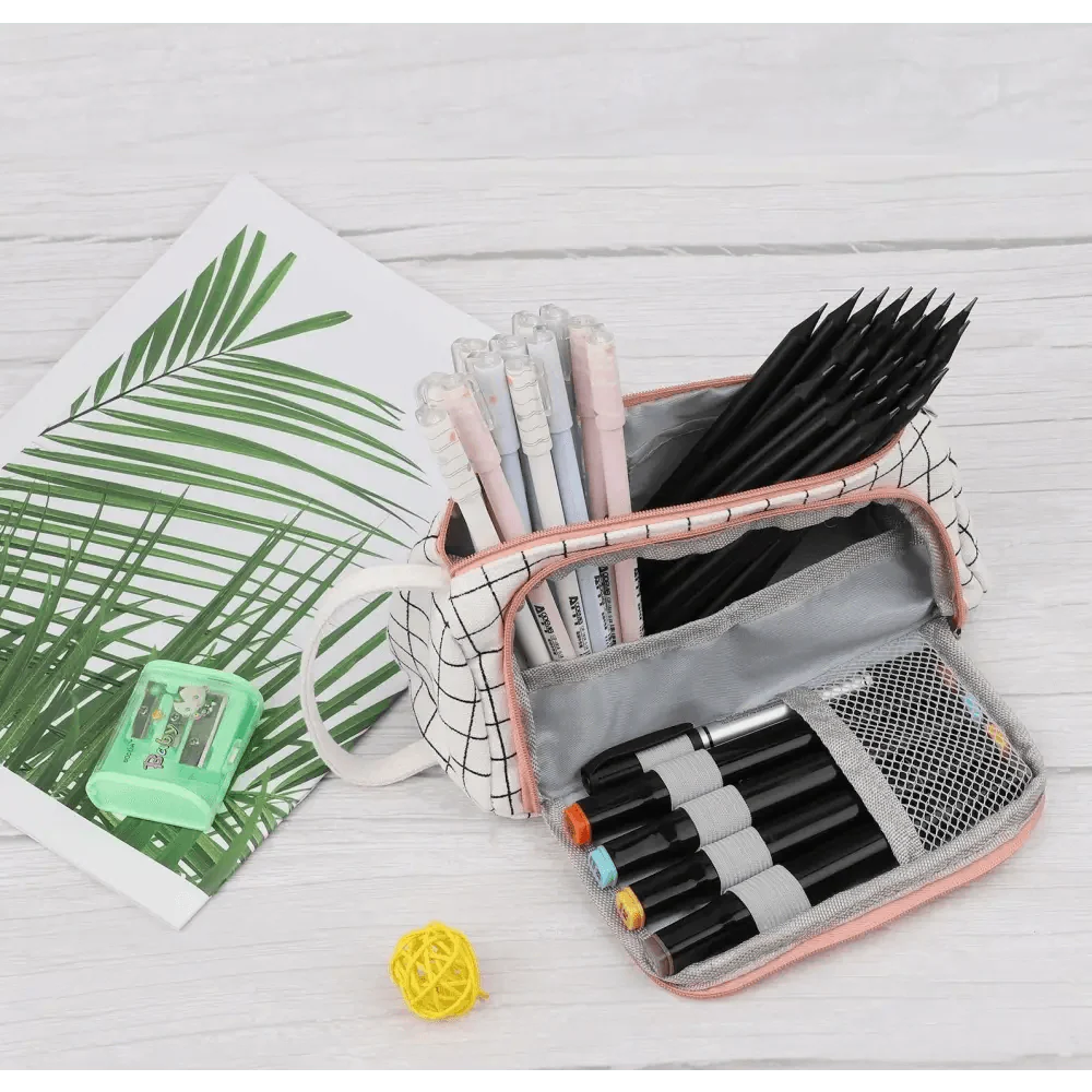 Big Storage Large Capacity Pencil Case Kids Pencil Bag For Students Vintage Grid Print Fabric Stationary Bag School Supply