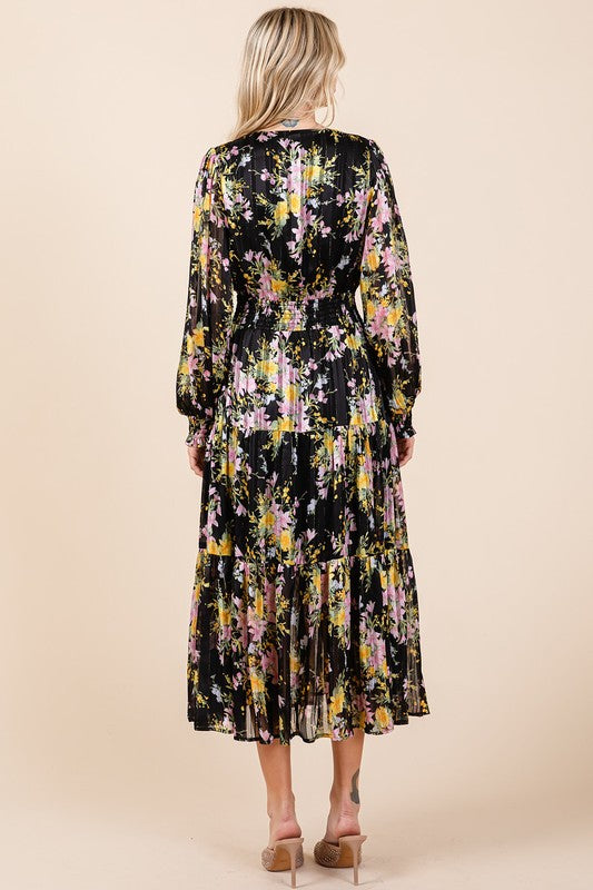 Flower Print Satin Lurex Stripe Smocked Midi Dress For Summer – Elegant and Sparkling Floral Dress with Tiered Design