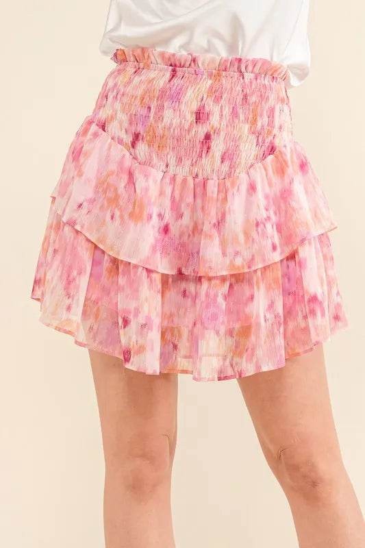 And The Why Printed Lurex Smocked Waist Tiered Skort