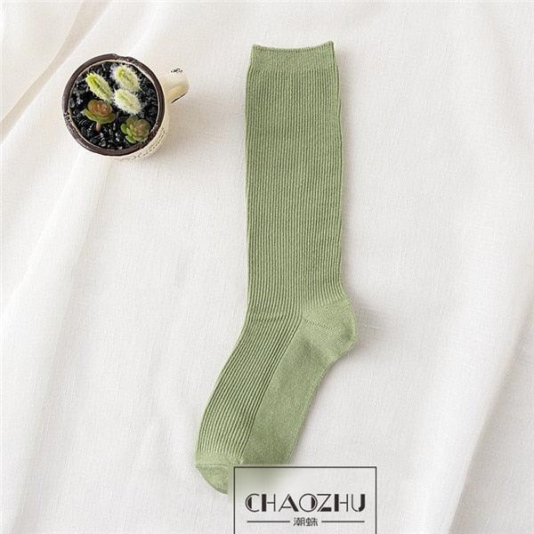 High School Girls High Socks Solid Colors Double Needles Knitting Cotton Long Socks for Women