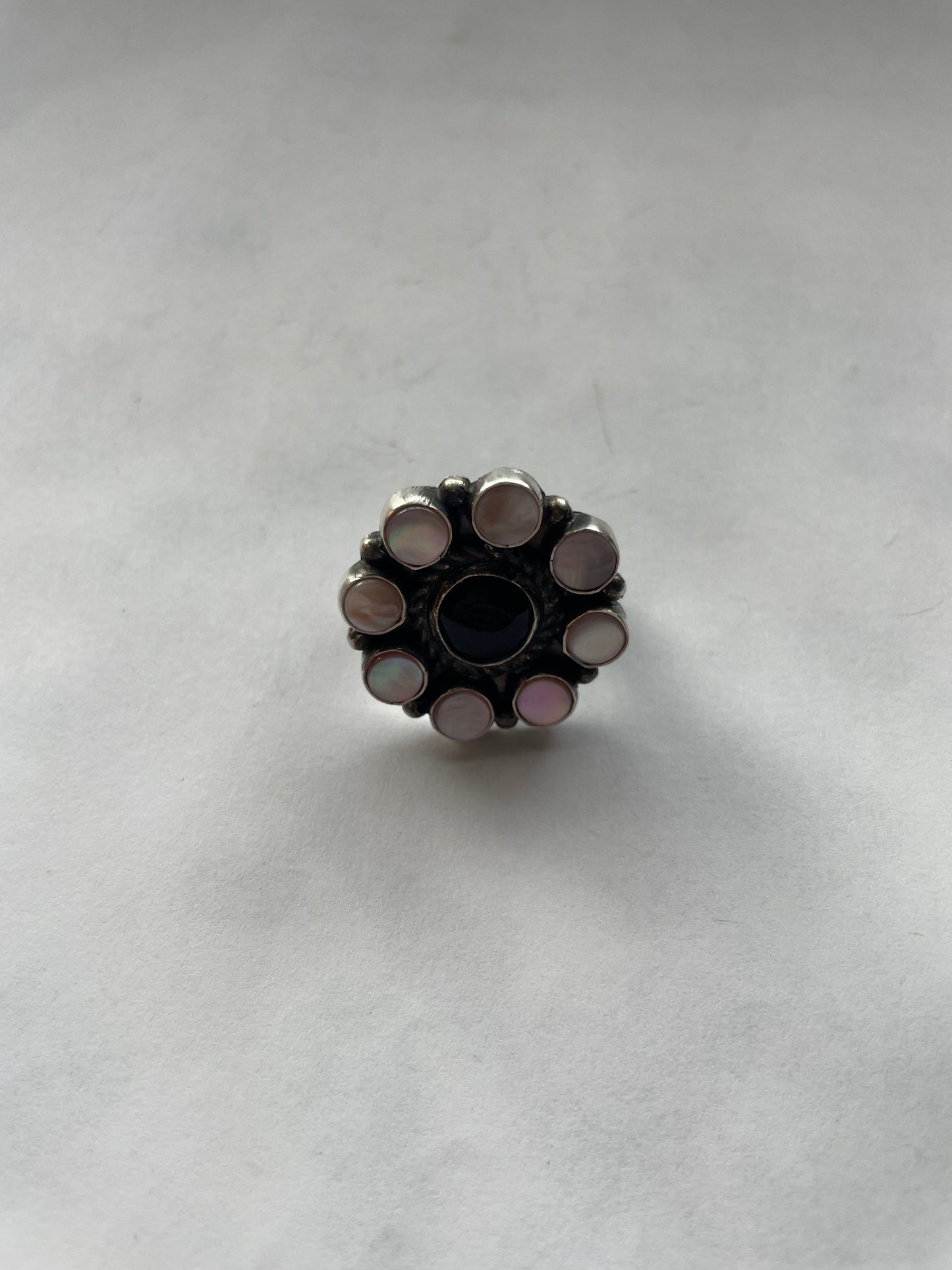 Handcrafted Sterling Silver, Black Onyx, Pink Conch Flower Cluster Adjustable Rings Signed