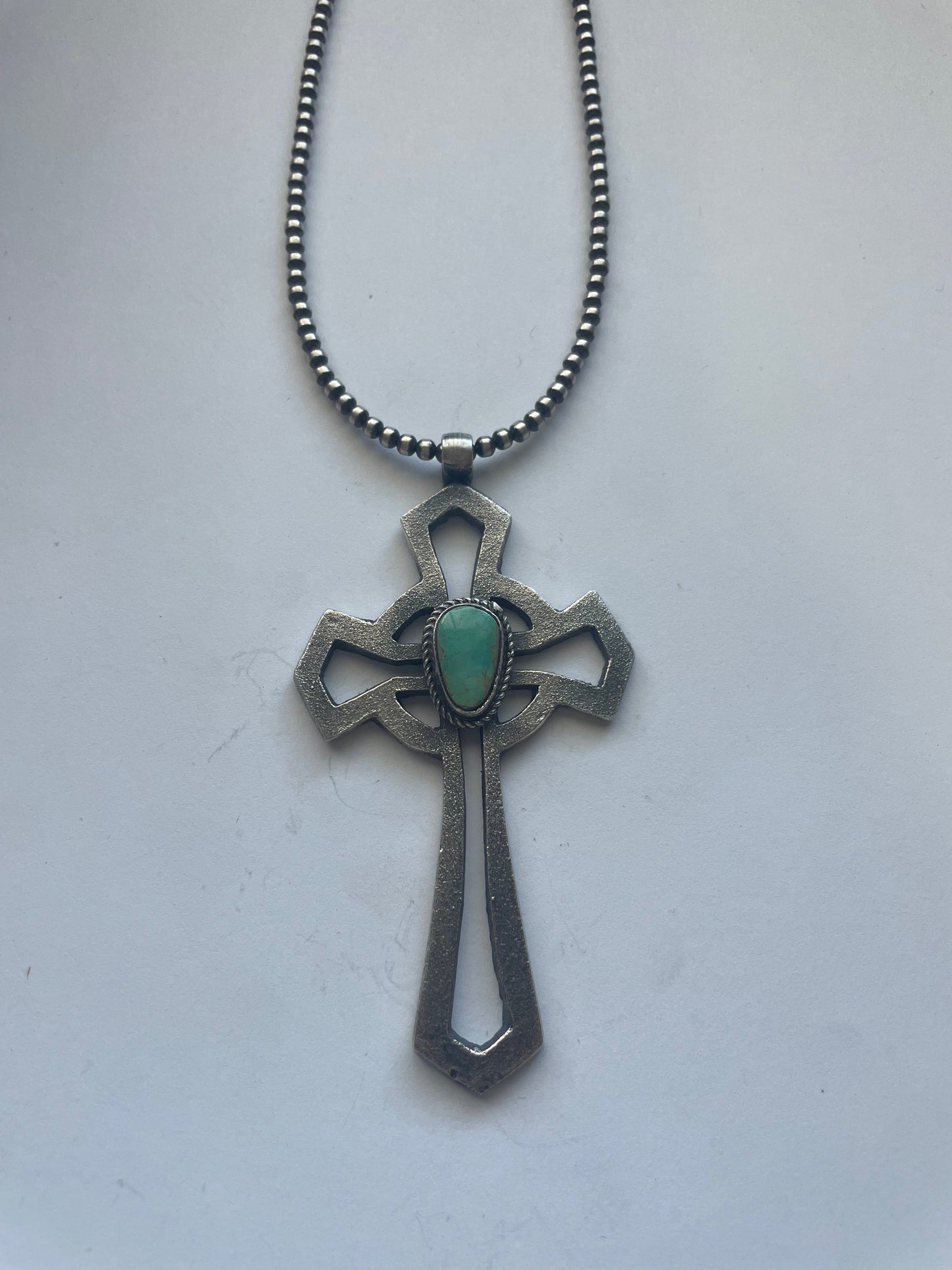Navajo Sterling Silver & Turquoise Cross Pendant Signed Eugene Mitchell