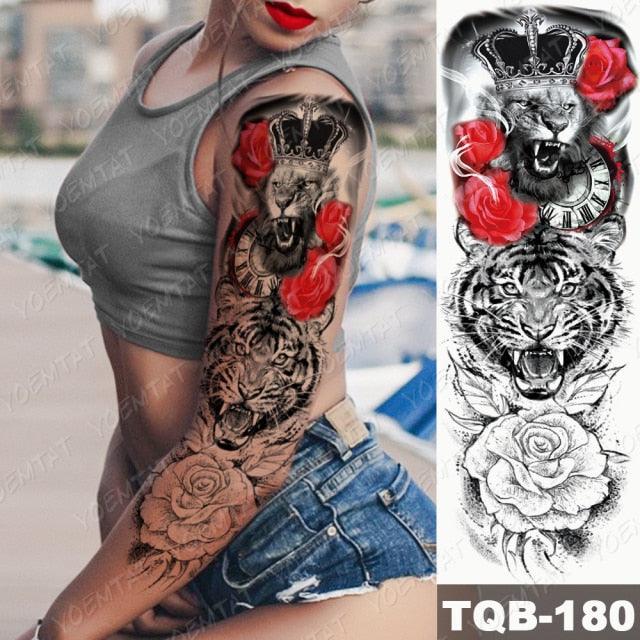 Full Arm Temporary Tattoos 8 Sheets and Half Arm Shoulder Waterproof Tattoos Elegant Large Lion Sleeve Sticker Tattoo Waterproof Temporary Big Wolf Tatoos For Men and Women