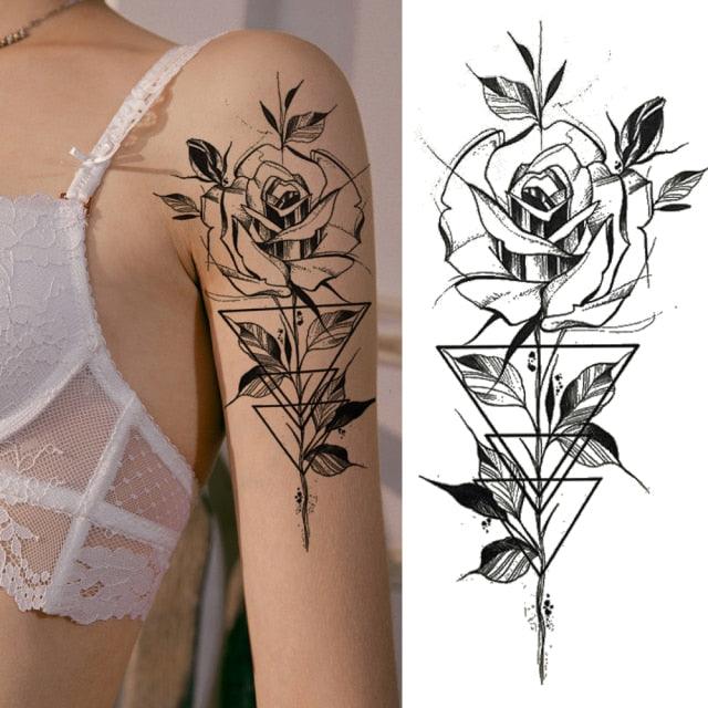 Women's Fashion Flower Temporary Tattoos Sticker Fake Rose Waterproof Large Realistic Black Colorful Flowers Tattoos