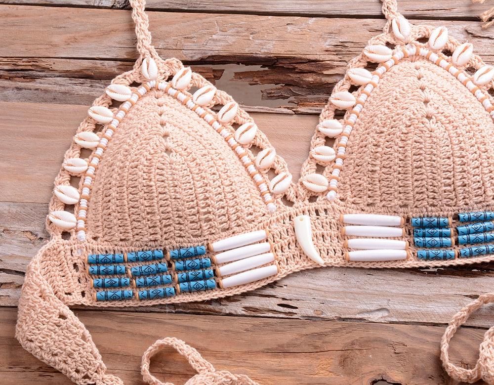 Vintage Blue Bikinis 2 Piece Halter Bikini Set Women High Waist Sequin Swimsuit Set Handmade Crochet High Quality Swimsuit Women Push Up Swimwear Knitted Beach Wear Bathing Suit