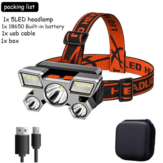 Rechargeable Adjustable USB 5LED Headlamp with High Lumen Handsfree Waterproof Portable Ability Focusing Ring Headlight Flashlight Torchlight For Outdoor Camping Hiking Running Headlight