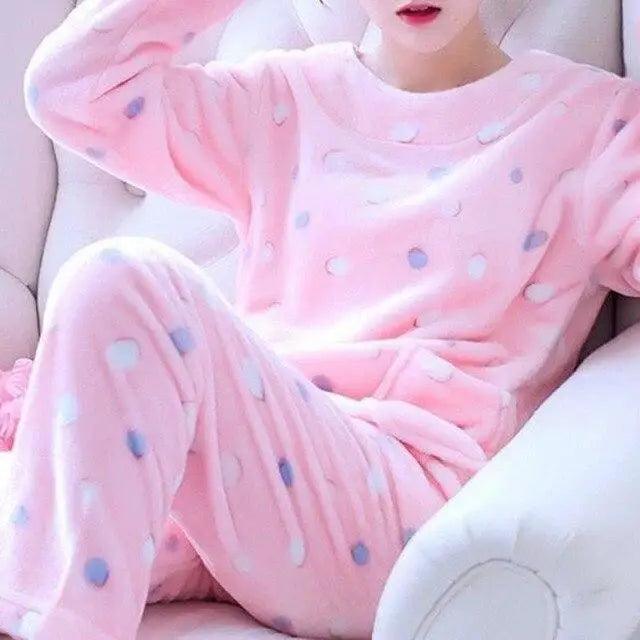 Trendy Pajama Women Thick Flannel Warm Female Winter Pajama Set Long Sleeve Full Trousers Two Piece Pajamas Cartoon Pajamas Women Pajamas Set Sleepwear Autumn Plus Size Top Long Pant Sleepwear Girls Pajamas