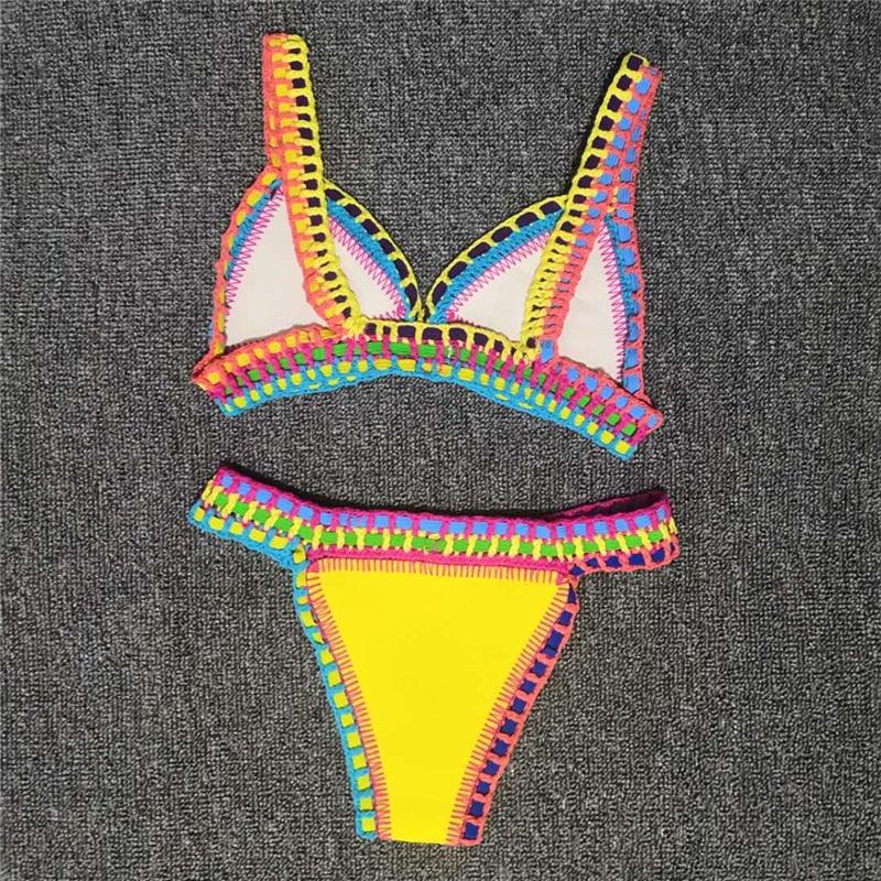 Women Bikini Set Swimwear Beachwear Low Waist Handmade Knit Swimsuit Female Bathing Suit Swimming Suit Women's Halter Sliding Triangle Bikini Sets Charming Tie Side Bathing Suit