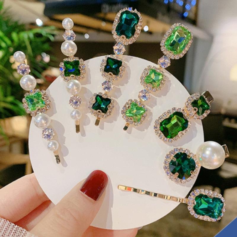 Women Hair Clips Set Jewelry Fashion Green Crystal Hair Accessories Luxury Simulation Pearl Barrette Pin For Girl Gift Ornaments Fashion Hairgrips Accessories For Party