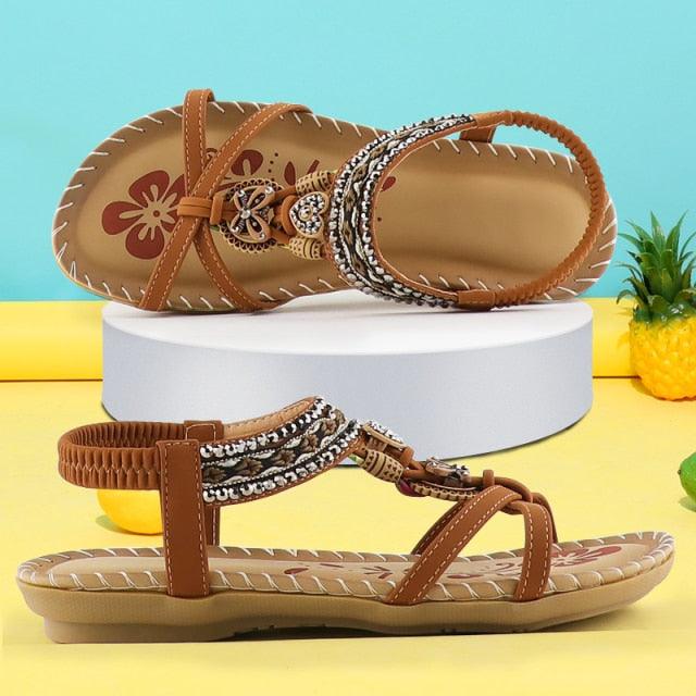 Women Summer Vintage Shoes Sandals Butterfly-knot Rhinestone Slides Elastic Band Sandal Comfort Flats Sandals With Elastic Ankle Strap Casual Rhinestone Shoes Beach Slip On Sandals