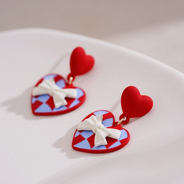 Red Love Bow Earrings Sweet And Gentle Unique Design Temperament Earrings Jewelry For Women Christmas Valentine's Day Gift