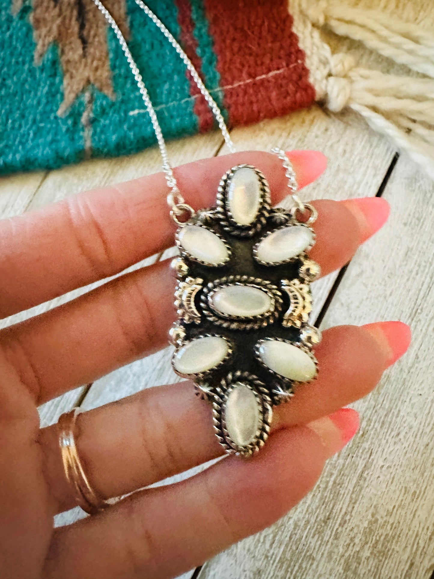 ** Christmas Collection ** Handmade Sterling Silver & Mother of Pearl Necklace Signed Nizhoni