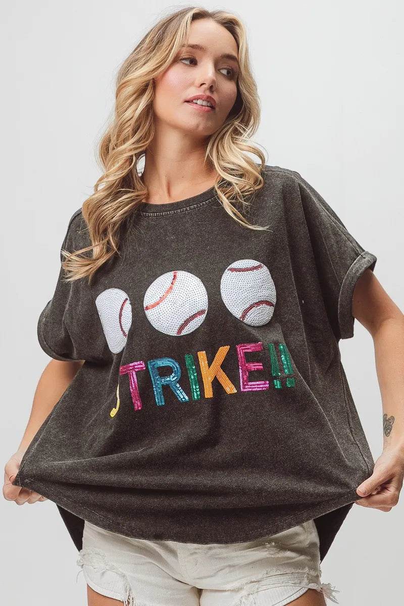 BiBi Sequin Baseballs Strike Washed Short Sleeve Top