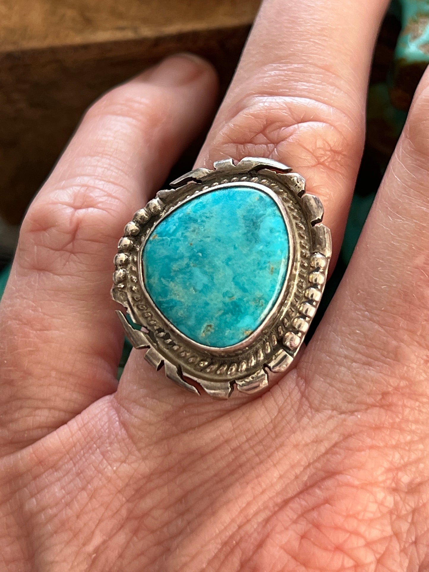 Handcrafted Sterling Silver and Sonoran Turquoise Saw Cut Ring by Peggy Skeets