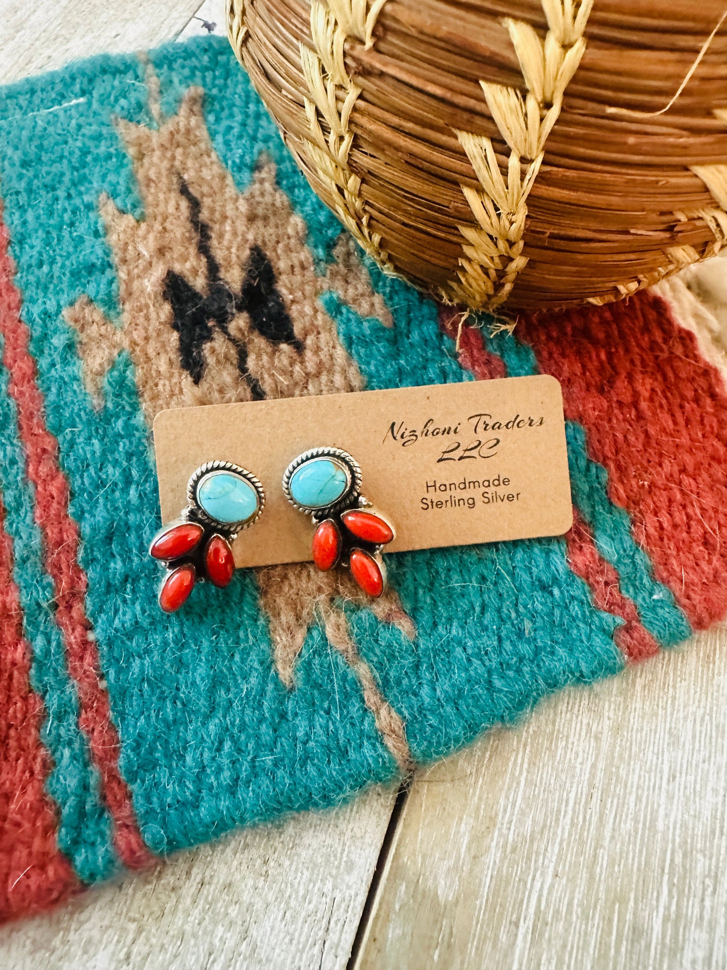 ** Christmas Collection ** Handmade Sterling Silver, Coral & Turquoise Earrings Signed Nizhoni