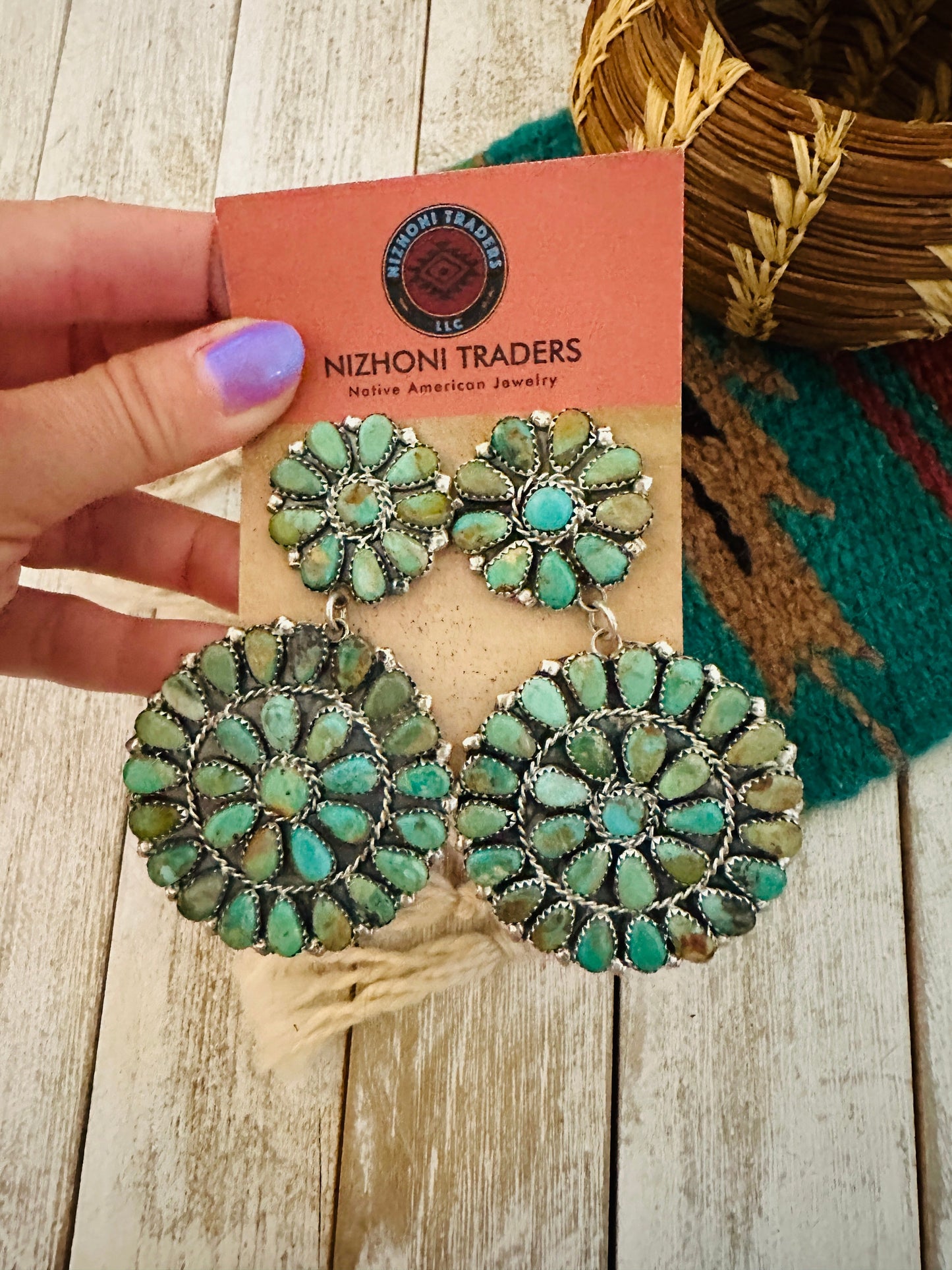 Handcrafted Royston Turquoise & Sterling Silver Cluster Dangle Earrings