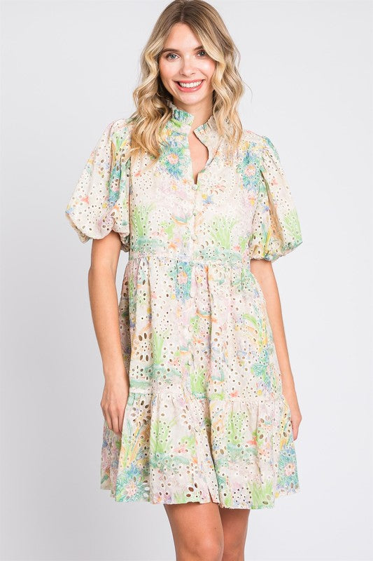 Floral Eyelet Lace Puff Sleeve Mini Summer Dress – Fluttering, Feminine and Playful Floral Eyelet Lace Mini Dress with Puff Sleeves