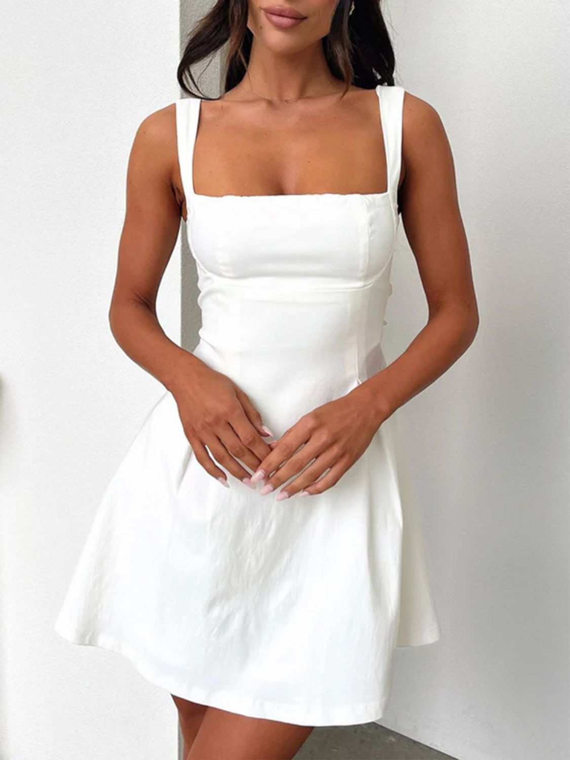 Dark Blue Bow Back Square Neck Mini Dress Luxury Feminine & Flattering Dress For Girls